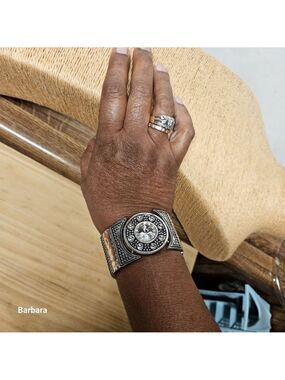 Siver-tone Wide Panel with Center Crystal Medallion Stretch Bracelet